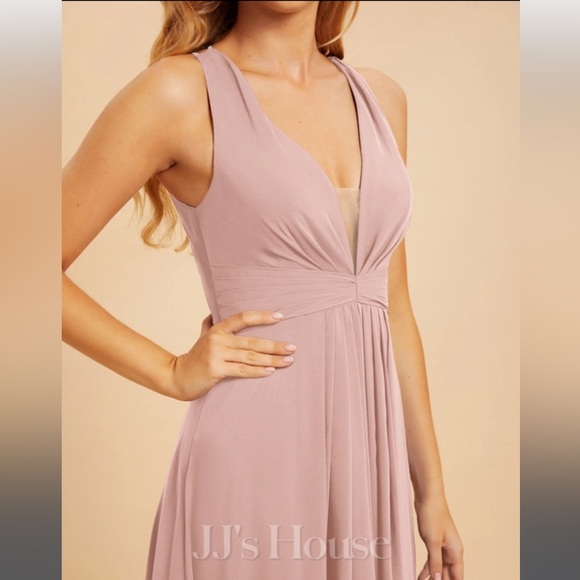 A-line V-Neck Floor-Length Chiffon Bridesmaid Dress With Ruffle - Picture 2 of 8